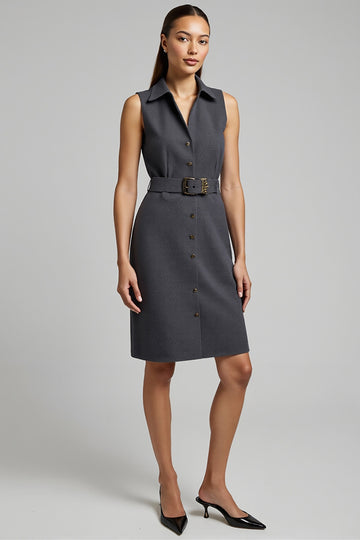 Sheath Dark Grey V-Neck Work Dress with Belt